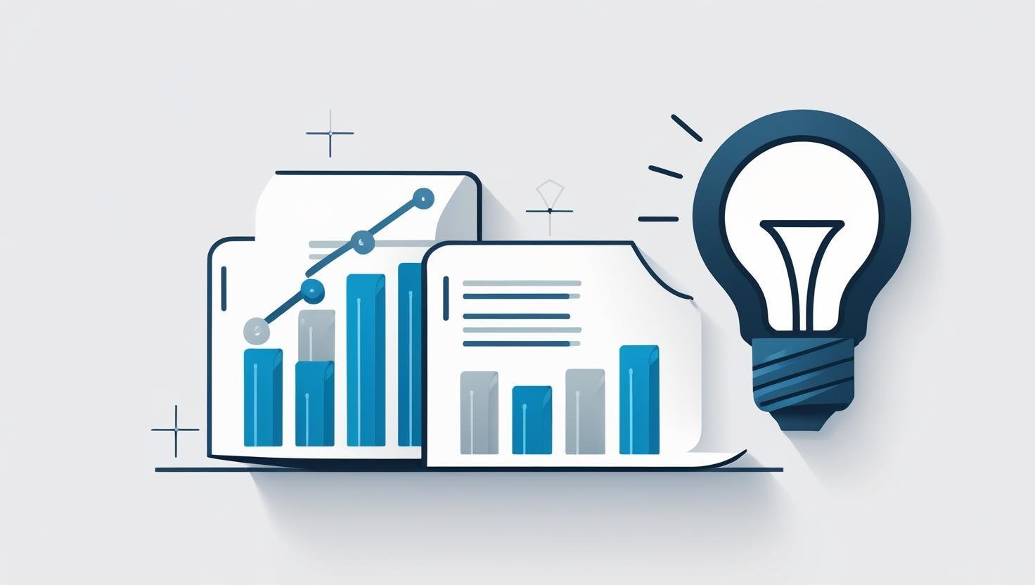 Create an icon, scattered documents, lightbulb on right side of picture, some documents have bar charts Create an icon, scattered documents, lightbulb on right side of picture, some documents have bar charts